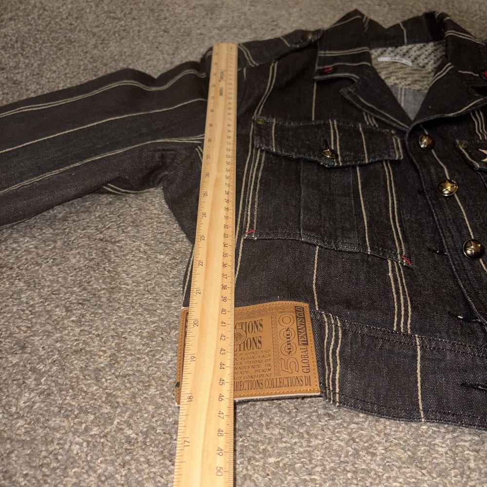 Vintage Y2K Jag Jacket Womens Black Striped Denim Star Embroidered Cropped - Picture 7 of 14